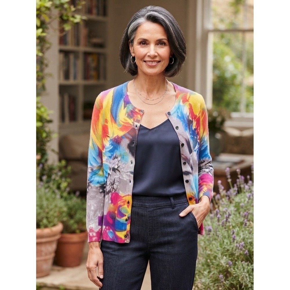 Joseph A Multicolored Abstract‎ Watercolor Button Down Sweater Cardigan Large